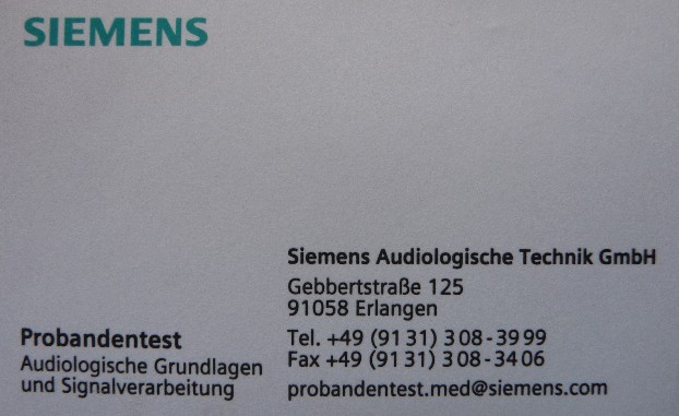 Visitenkarte der Siemens Audiologie fr Probanden